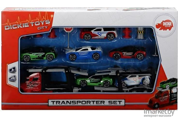 Набор игрушечных автомобилей Dickie Трейлер / 203745001 (6 авто + дорожные знаки)