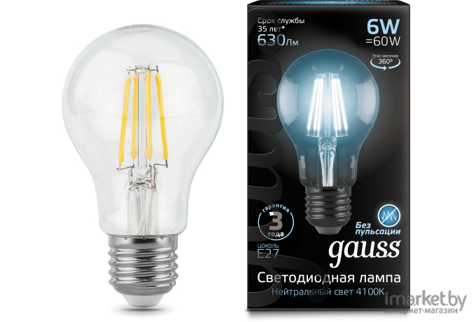 Лампа Gauss LED Filament A60 E27 6W 630lm 4100К 1/10/40 [102802206]