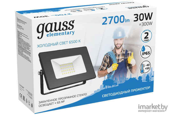 Прожектор Gauss LED 30W 2100Lm IP65 6500К Black [613100330]