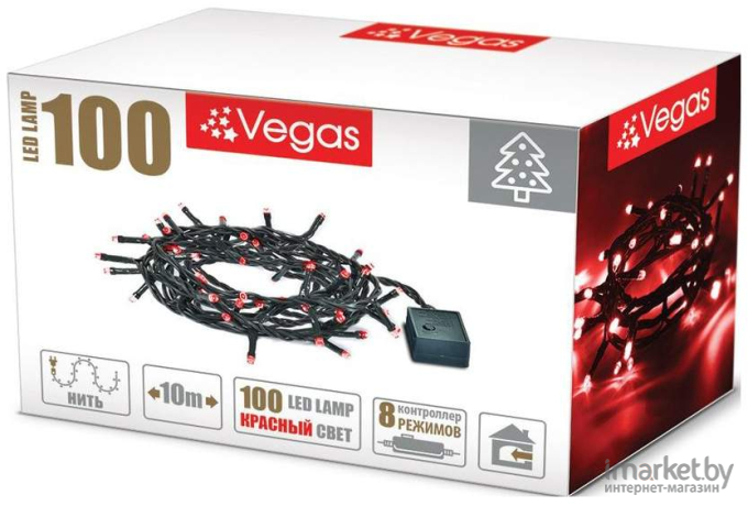 Светодиодная нить Vegas 100 LED ламп 10м красный [55065]
