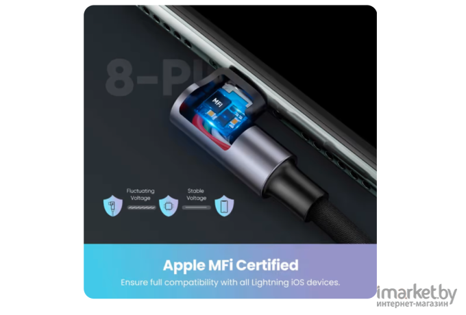 Кабель UGREEN US299-70733, USB-A 2.0 to Lightning (90°), Apple MFI certified, 2,4A, в оплётке, 2m, Black