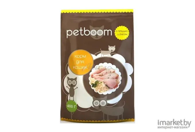 Корм для кошек Жабинковский комбикормовый завод PetBoom для взрослых кошек с птицей и рисом 0,4 кг